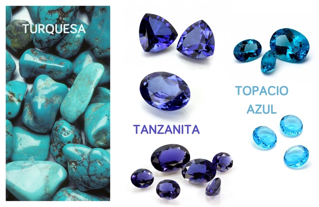 Tres bloques con piedras natales de diciembre, primer bloque a la izquierda con turquesas en bruto, en medio gemas facetadas de tanzanitas y a la dececha, piedras de topacio azul también facetadas
